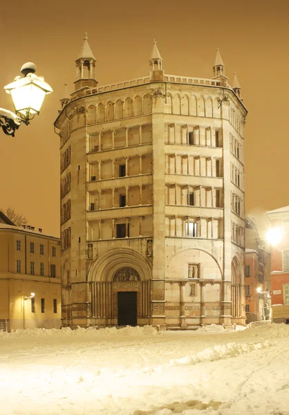 Baptistery at night with snow — Stock Photo, Image