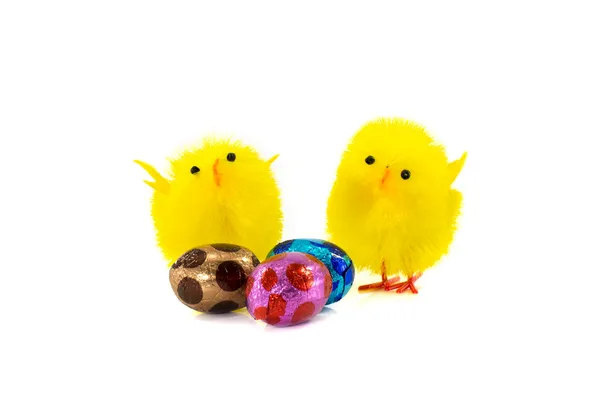 Yellow easter duck and eggs — Stock Photo, Image