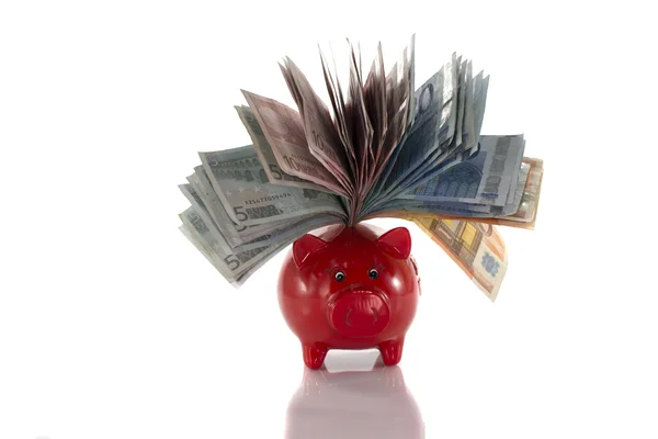 Деньги свиньи с евро бумаги — стоковое фото