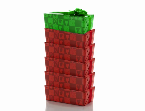 Green package on stock of red presents — Stock Photo, Image