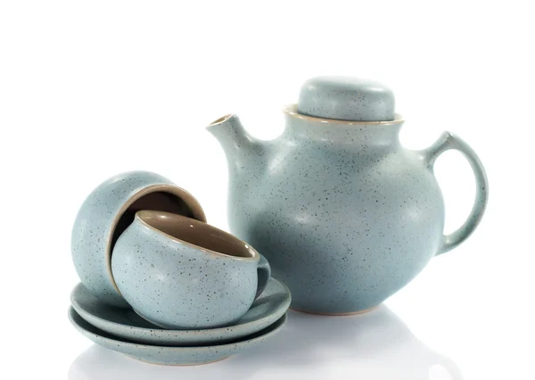 Two crockery teacups and teapot — Stock Photo, Image