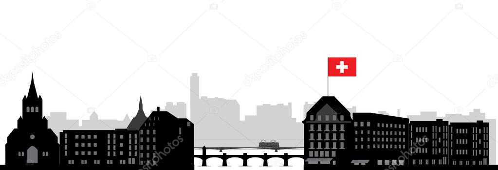 Basel skyline with flag