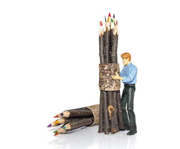 Man with bunch of colored pencils — Stock Photo, Image