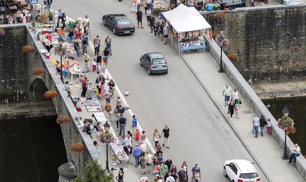 View on the belgium city bouillon with the brocante market — Stock Photo, Image