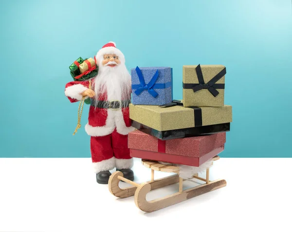 Santa Claus His Sleigh Packed Wrapped Christmas Presents Red Yellow — Stock Photo, Image