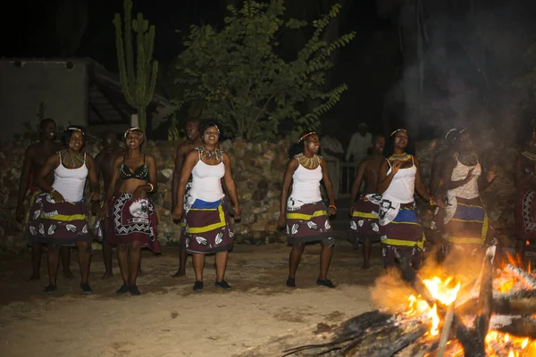 Afrikai zene en dance a turisták számára egy kunyhóban Hoedspruit — Stock Fotó