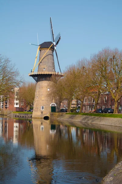 Hollanda 'da Schiedam' da önünde nehir olan bir yel değirmeni. — Stok fotoğraf