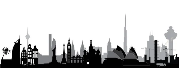 Ilustración Ciudad del mundo skyline blanco y negro — Vector de stock