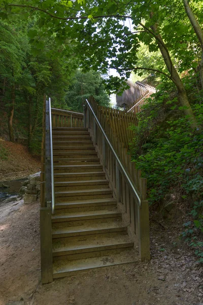 Escaleras Madera Hechas Camino Pie Schiessentumpel Luxembourg Mullerthal — Foto de Stock