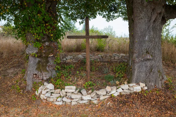 Ort Der Natur Mit Einem Holzkreuz Zwischen Den Bäumen Wald — Stockfoto