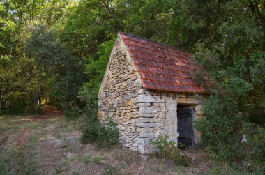 Dordogne 'daki La Roque Cagnac yakınlarındaki ormanda kireçtaşından yapılmış eski terk edilmiş bir ev.