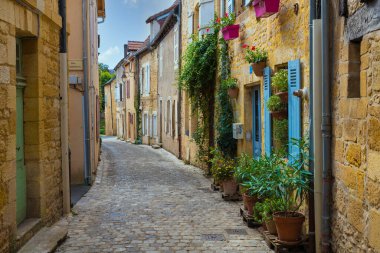 Dordogne 'daki Fransa' nın Saint Cyprien kasabasında pencereleri ve bitkileri kapatılmış eski evlerden oluşan dar bir sokak..