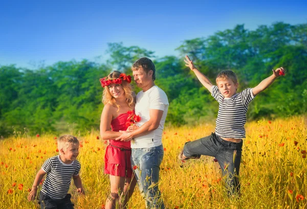 Família brincando no prado — Fotografia de Stock