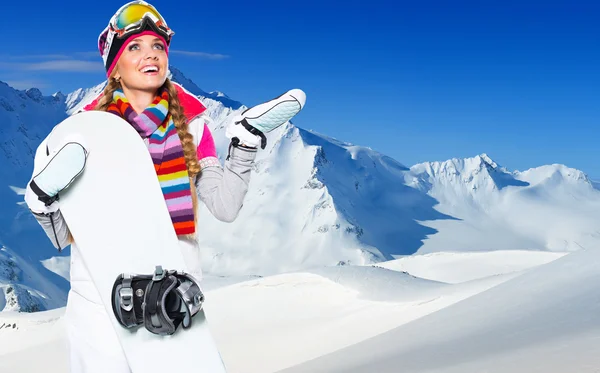 Beautiful woman with snowboard — Stock Photo, Image