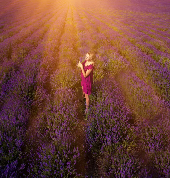 Menina bonita no campo de lavanda — Fotografia de Stock