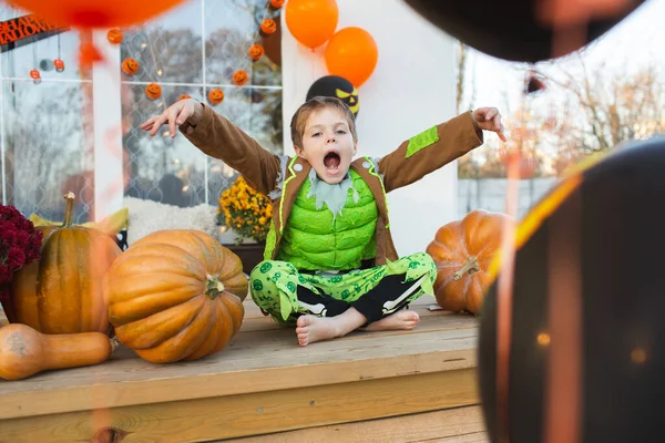Beautiful Child Zombie Costume Posing Big Pumpkins Decorations Celebration Halloween — Stock Photo, Image