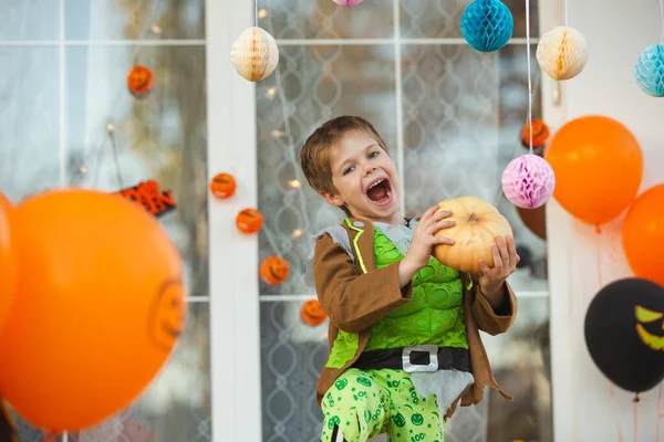 Beautiful Child Zombie Costume Posing Small Pumpkin His Hands Decorations — Stock Photo, Image