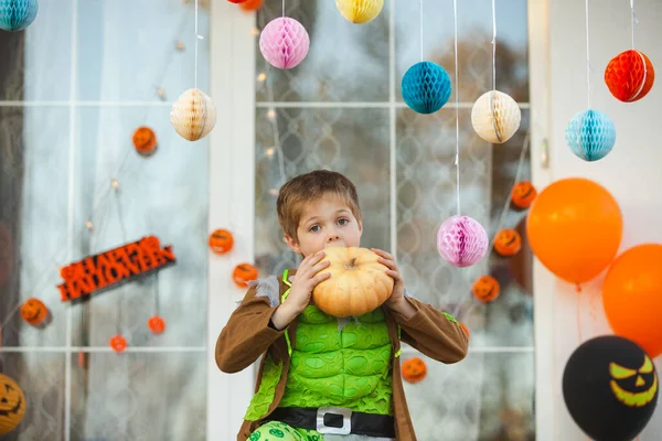 Beautiful Child Zombie Costume Posing Small Pumpkin His Hands Decorations — Stock Photo, Image