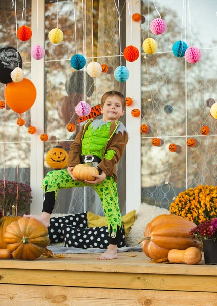 Beautiful Child Zombie Costume Posing Small Pumpkin His Hands Decorations — Stock Photo, Image