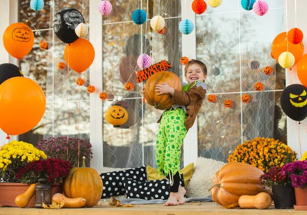 Beautiful Child Zombie Costume Posing Big Pumpkin His Hands Decorations — Stock Photo, Image