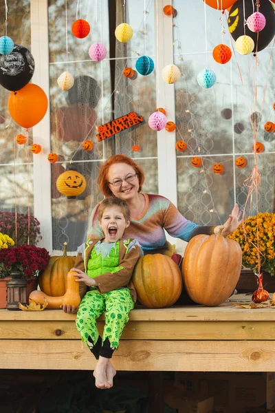 Little Boy Dressed Zombie His Grandma Play Terrace Her House — Stock Photo, Image