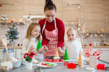 Şirin bir aile beyaz mutfakta bir Noel ziyafeti hazırlıyor. Oğlan ve kız beyaz giyinmiş ve anneleri kırmızı kazak giymiş. Sihirli an