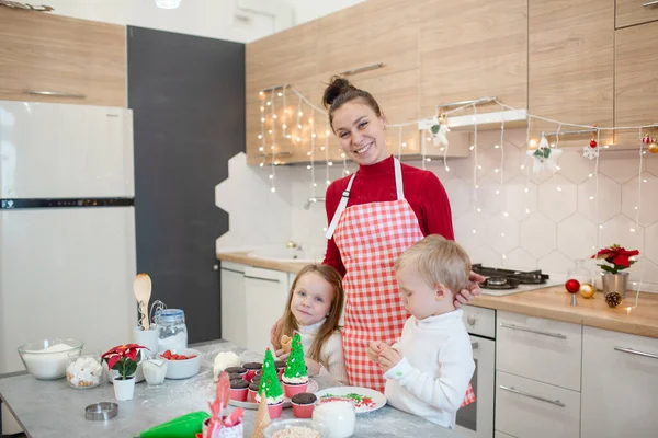 Família Bonito Preparar Deleite Natal Cozinha Branca Menino Menina Estão — Fotografia de Stock