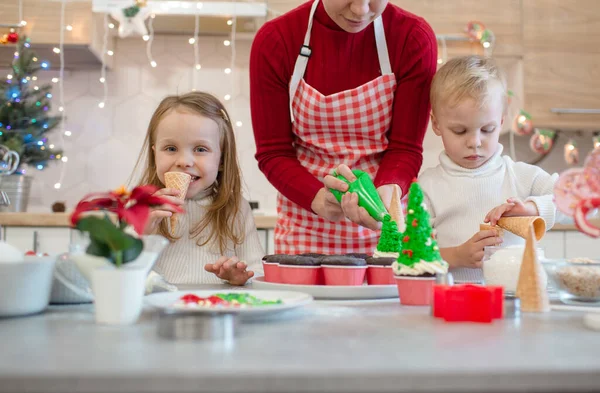 Família Bonito Preparar Deleite Natal Cozinha Branca Menino Menina Estão — Fotografia de Stock