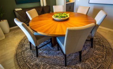 Unique Round Wooden Dining Room Table With Six High Back Chairs