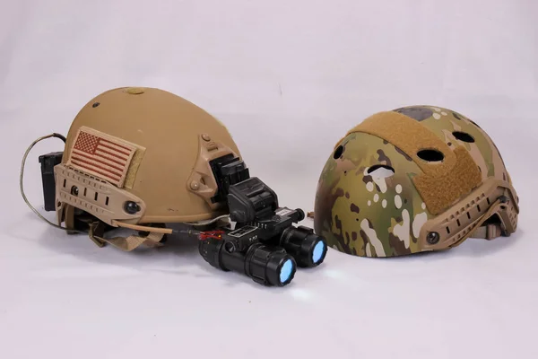 Two American Military Helmets, One With Night Vision