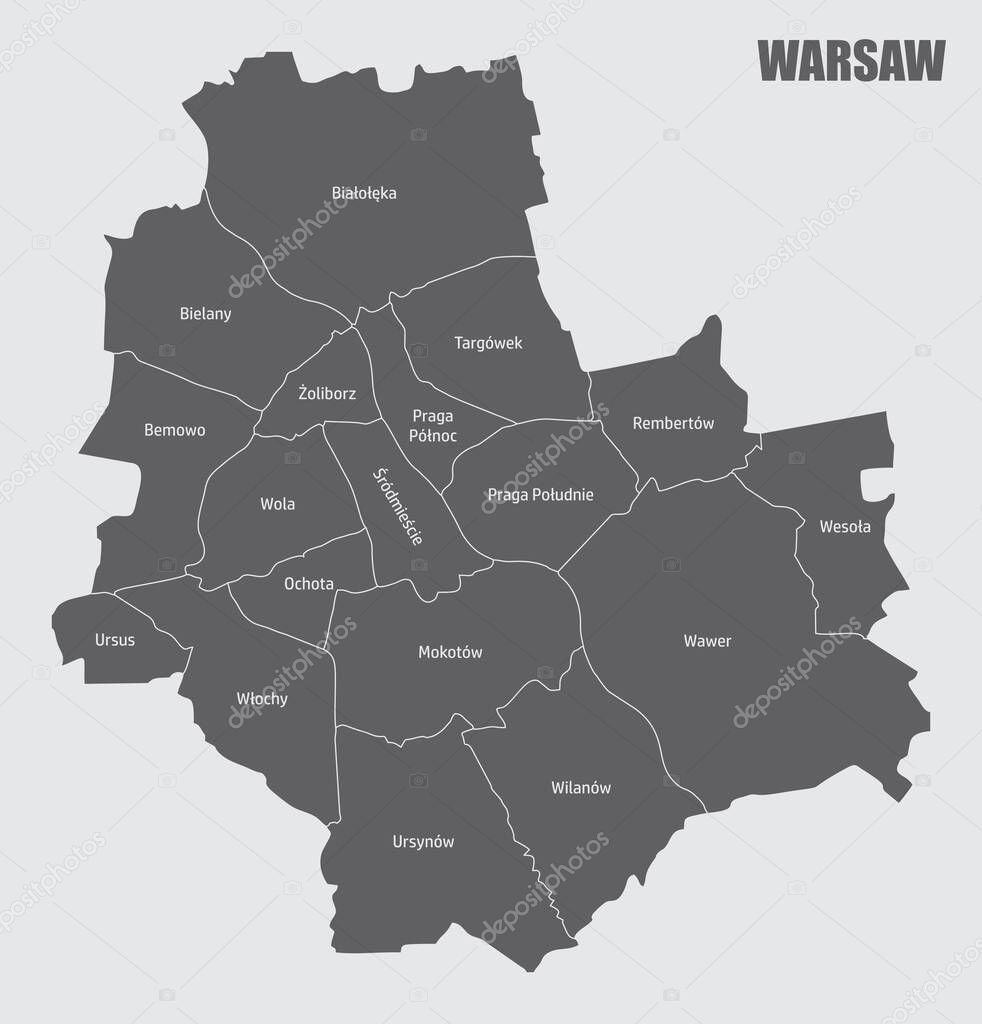 The Warsaw city administrative map with labels, Poland