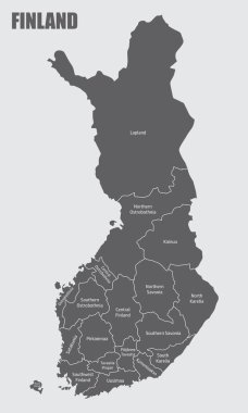 Finlandiya idari haritası. Etiketlerle izole edilmiş harita.
