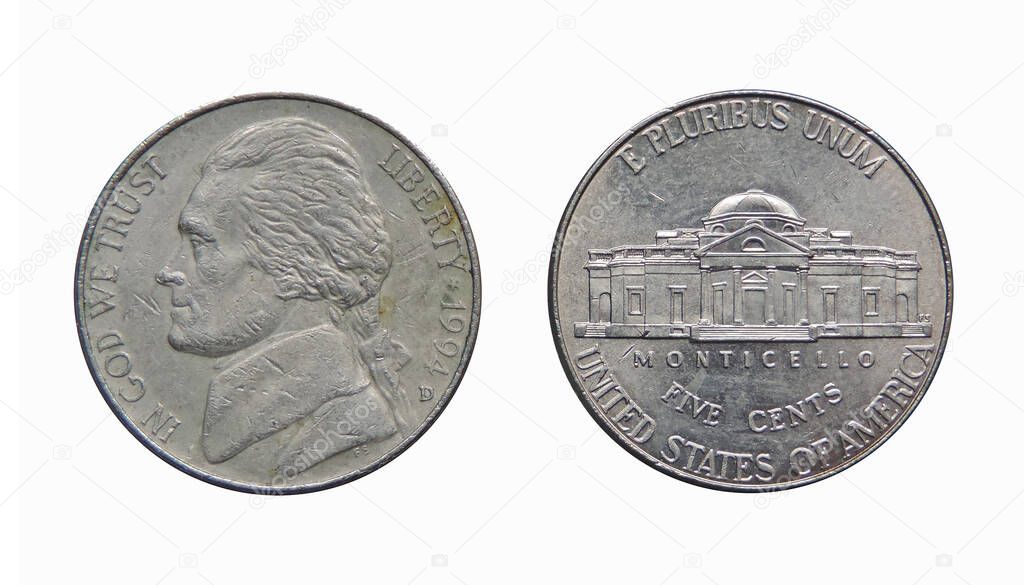 Five American cents, both sides of a coin isolated on a white background