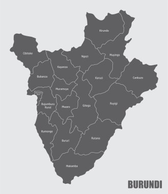 Burundi idari haritası. Etiketlerle izole edilmiş harita.