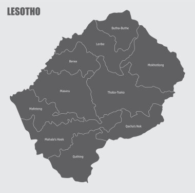 Lesotho idari haritası. Etiketlerle izole edilmiş harita.