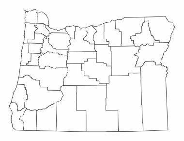 Oregon idari haritası. Beyaz arkaplanda siyah çizgiler.