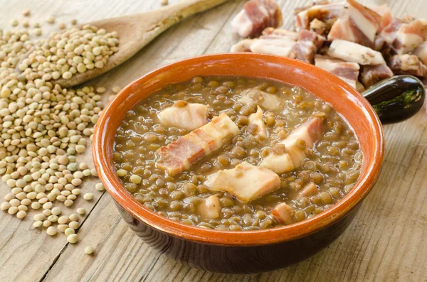 Lentil soup and bacon — Stock Photo, Image