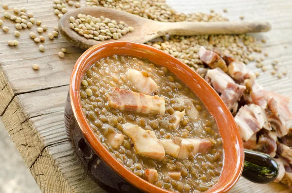 Lentil soup and bacon — Stock Photo, Image