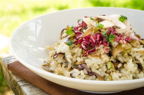 Risotto med svamp, zucchini, radicchio och persilja — Stockfoto