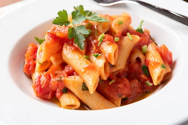 Plate Delicious Spicy Penne All Arrabbiata Traditional Recipe Italian Pasta — Zdjęcie stockowe