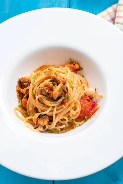 Schotel Van Heerlijke Spaghetti Met Mosselsaus Italiaans Eten — Stockfoto