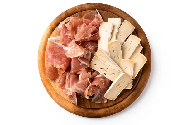 Platter Sliced Prosciutto Crudo Alpine Cheese Isolated White Background — Stock Photo, Image