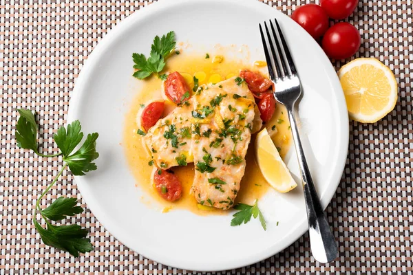 Mediterranean Dish Stewed Fish Close — Stockfoto