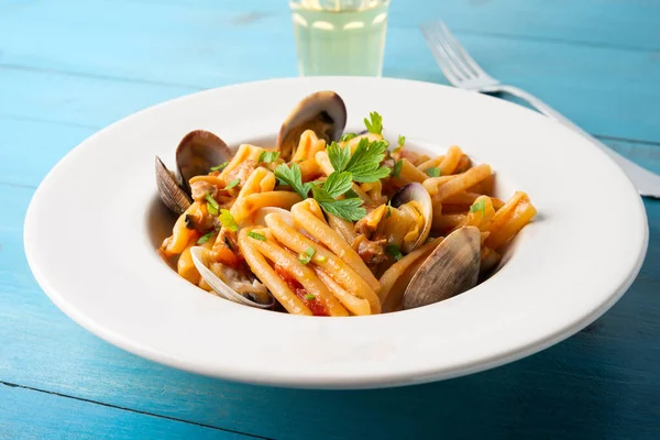 Close Delicious Spaghetti Mussels — Stockfoto