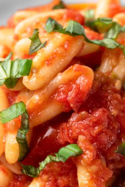 delicious pasta with basil and tomato sauce