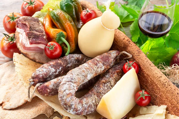 Cheese Meat Vegetables Wooden Table — Stock Photo, Image