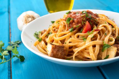 dish of delicious linguine with fish sauce, italian food
