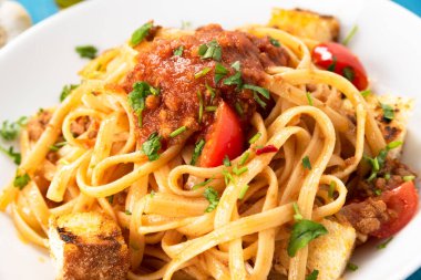 dish of delicious linguine with fish sauce, italian food