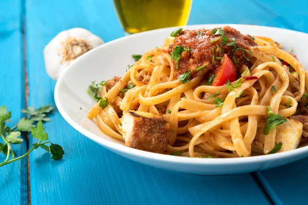 dish of delicious linguine with fish sauce, italian food