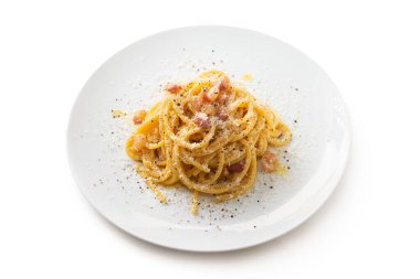 Delicious bucatini alla gricia, a typical roman recipe of pasta with guanciale and pecorino, Italian food